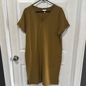 Garnet hill  V-Neck Short Sleeve Shift Dress in Olive large